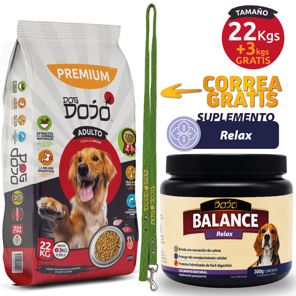 Alimento PREMIUM 25kg Razas Grandes + Dojo Balance Relax — Calmante Natural Ansiedad y Estrés 300g