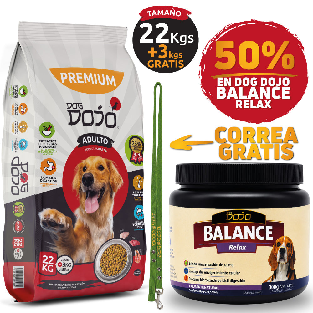 Alimento PREMIUM 25kg Razas Grandes + Dojo Balance Relax — Calmante Natural Ansiedad y Estrés 300g